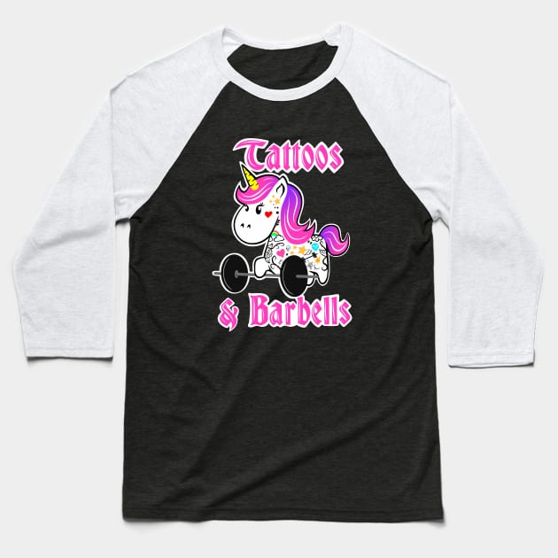 barbell unicorn, tattooed and strong, girls who lift, gym girl Baseball T-Shirt by TimAddisonArt